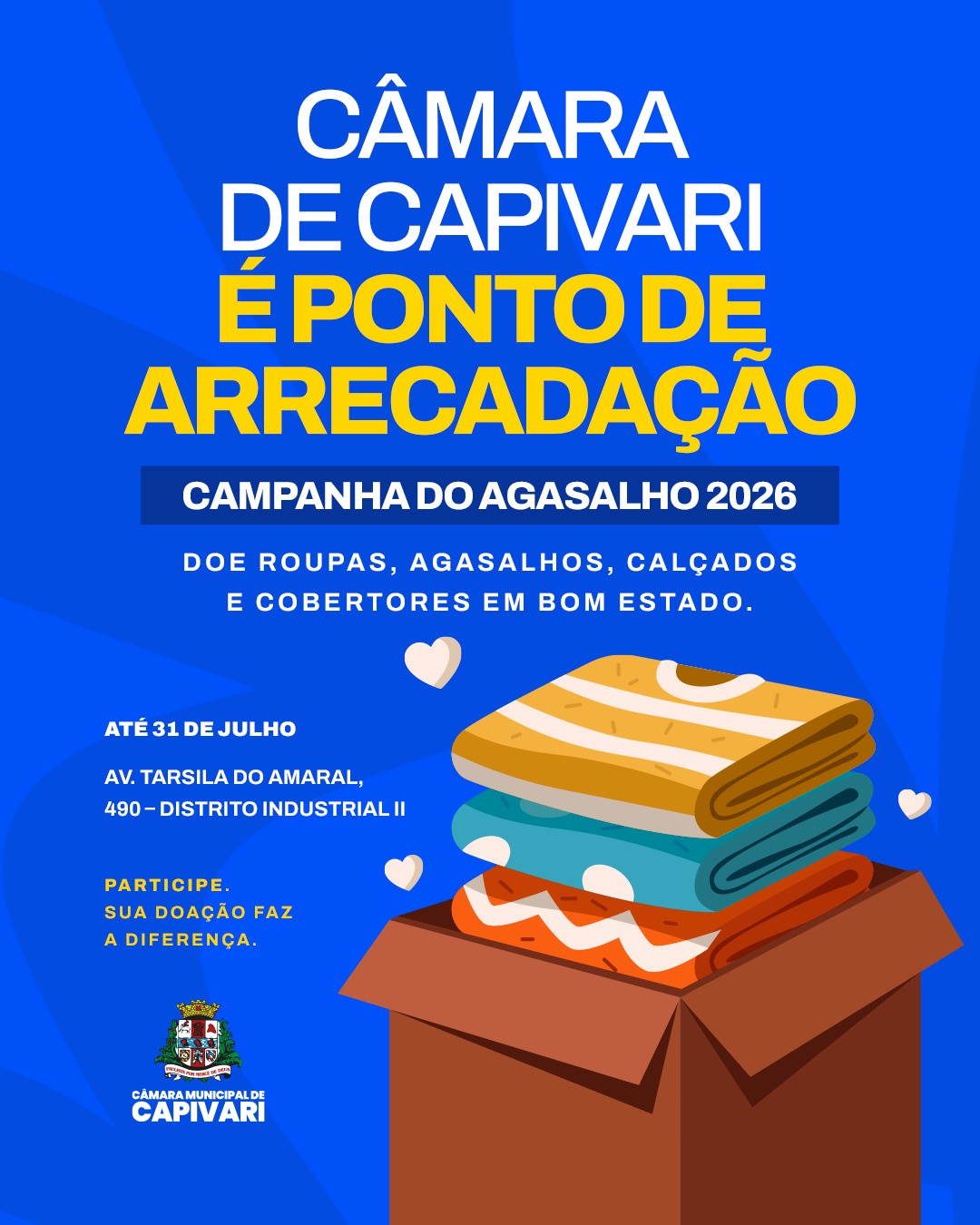 Câmara de Capivari vira ponto de arrecadação da Campanha do Agasalho 2026